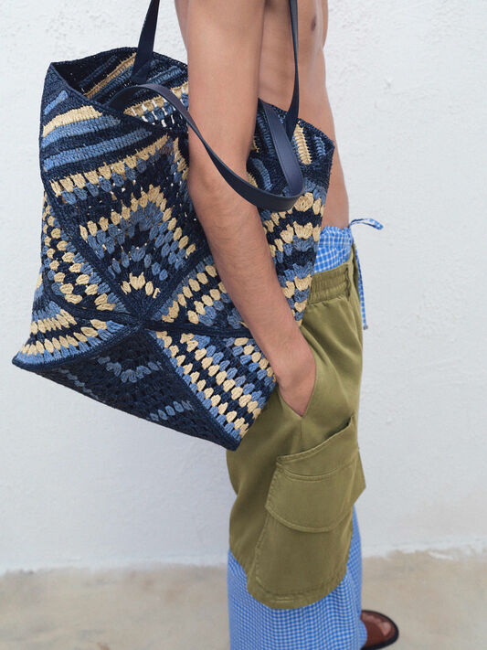 LOEWE XL 퍼즐 폴드 토트 - 라피아  플라스터/블랙