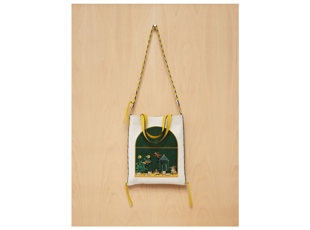Printed White Canvas and Deep Green Calf LOEWE 1943 Arch Window Tote