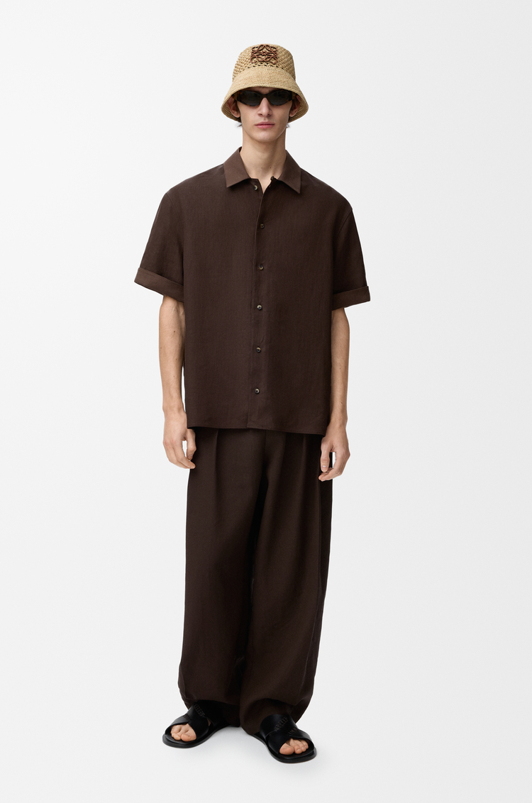 LOEWE 棉麻短袖襯衫 深棕色/棕色