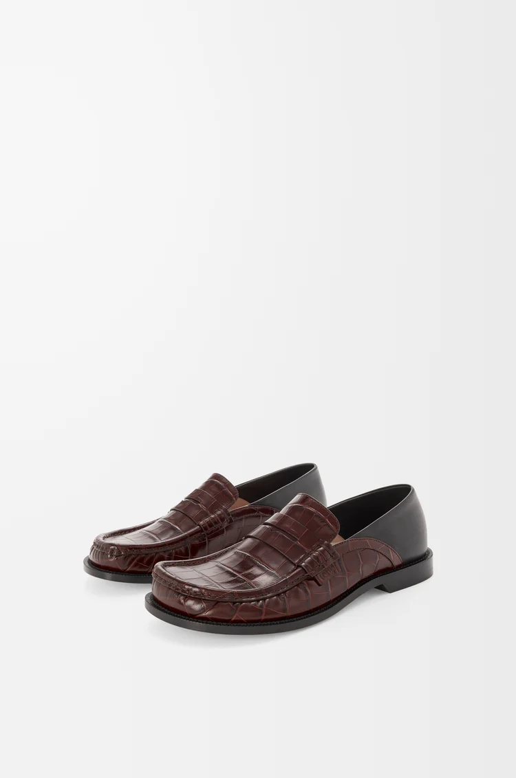 LOEWE Campo flap back loafer in embossed calfskin and nappa lambskin Dark Brown/Black