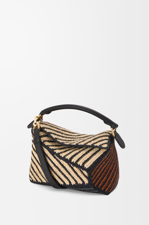 LOEWE Small Puzzle bag in raffia and calfskin Natural/Honey Gold plp_rd