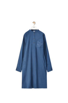 LOEWE Vestido túnica en lino y algodón con anagrama Azul Atlantico