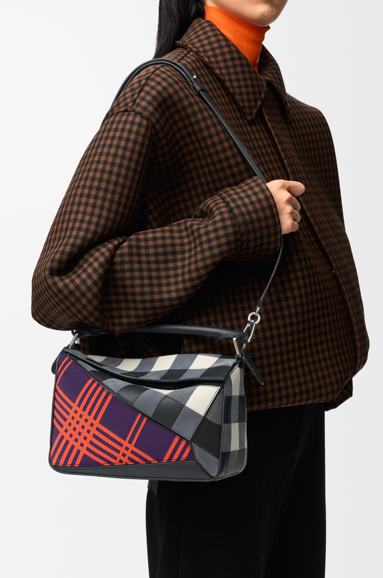 LOEWE Small Puzzle bag in check intarsio Deep Purple/Multicolor