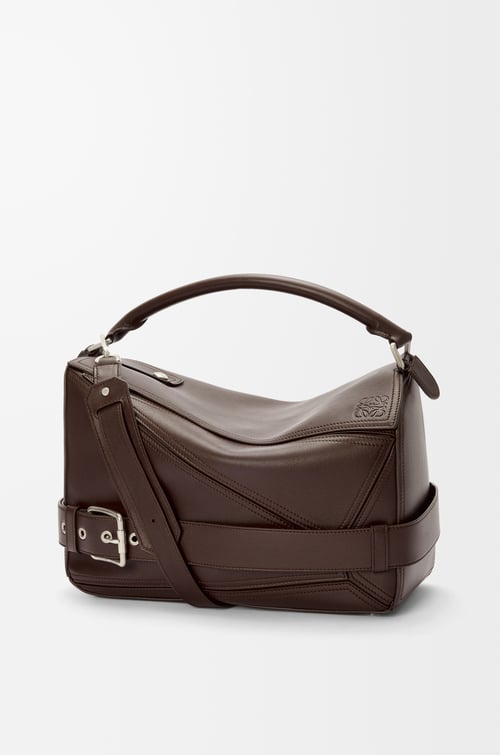 LOEWE Large Puzzle Biker bag in shiny calfskin Dark Brownie