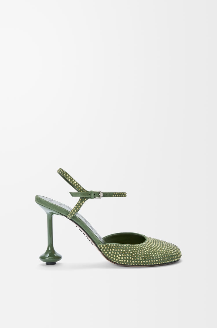 LOEWE Zapato de salón Toy con tira en el tobillo en ante con pedrería Verde Militar