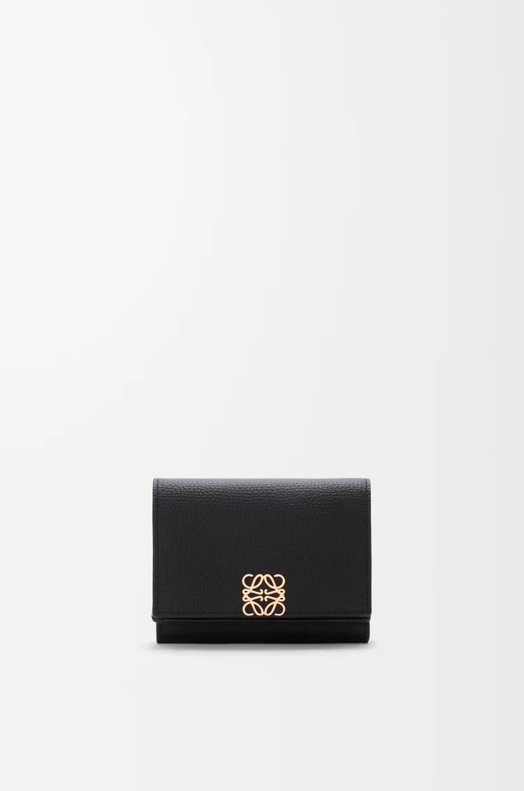 LOEWE Portefeuille à trois volets Anagram en cuir de veau grainé Noir/Doré