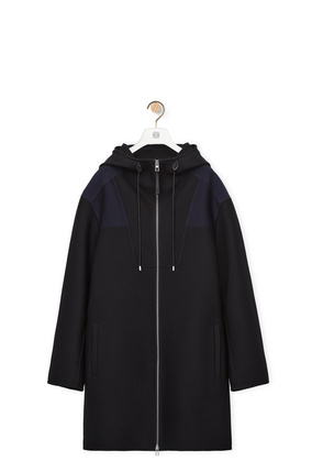 LOEWE Hooded Anagram coat in wool and silk Black/Navy Blue