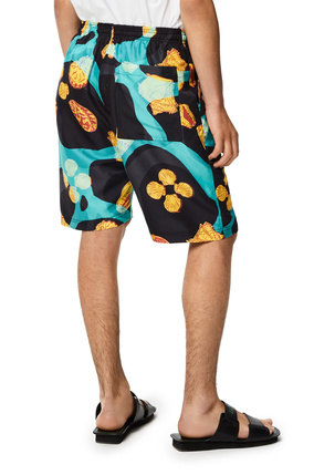 LOEWE Shell print drawstring shorts in silk Black/Turquoise