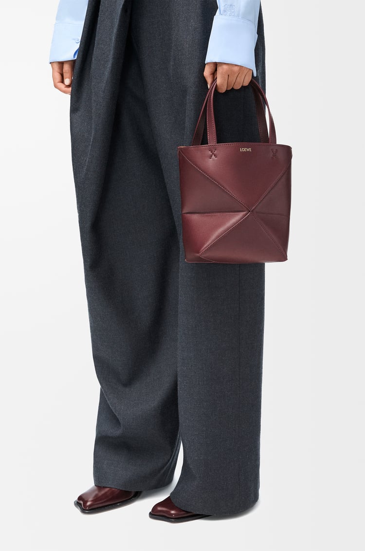 LOEWE Mini Puzzle Fold tote in shiny calfskin Dark Burgundy