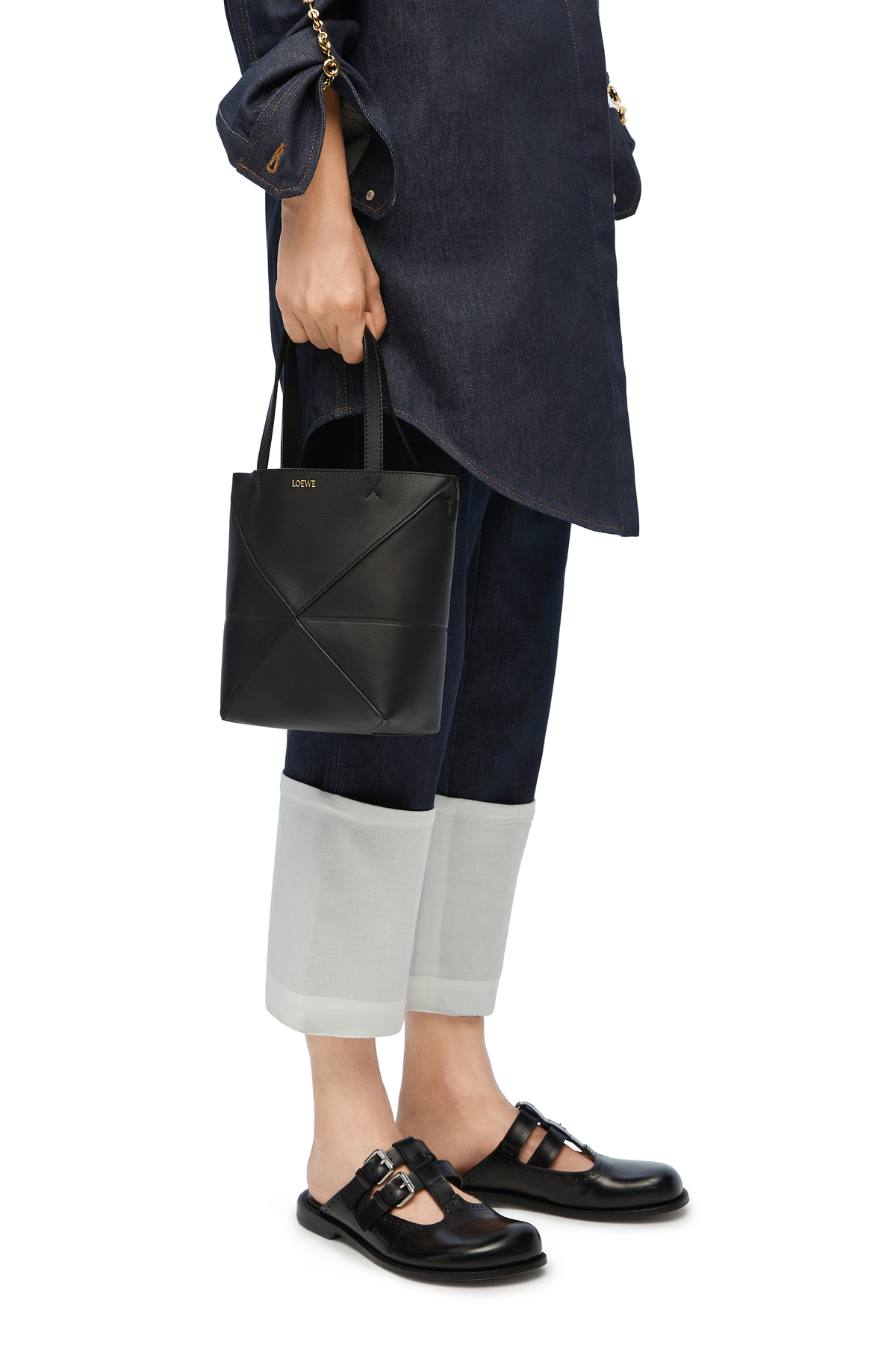 Mini Puzzle Fold tote in shiny calfskin 黑色 LOEWE Mini Puzzle Fold tote in shiny calfskin 黑色 LOEWE