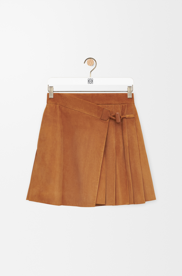 LOEWE Pleated mini skirt in suede lambskin Toffee