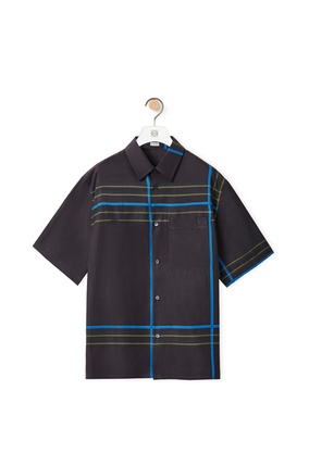 LOEWE Camisa de manga corta a cuadros en seda y algodón Gris Oscuro/Azul