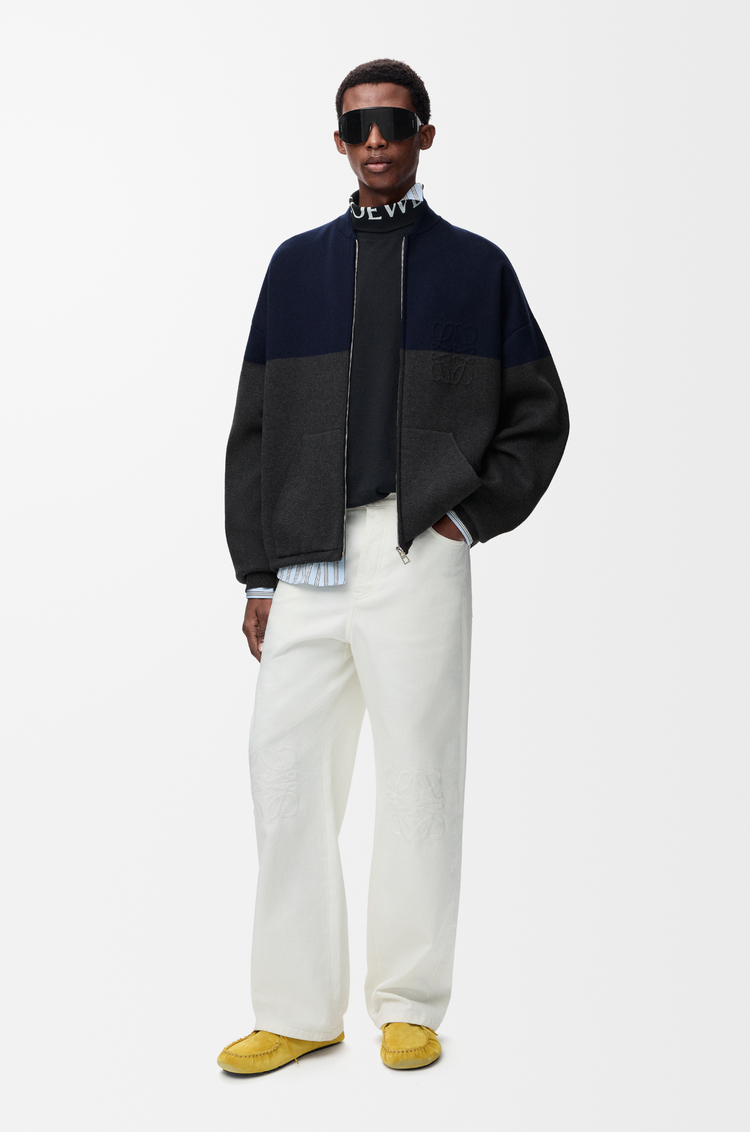 LOEWE ジップアップ カーディガン（コットンブレンド） ネイビーブルー/グレー