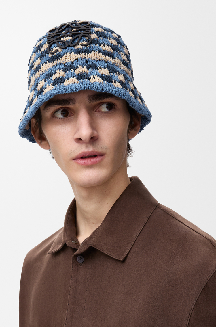 LOEWE Patch crochet bucket hat in raffia and calfskin Navy/Sky Blue