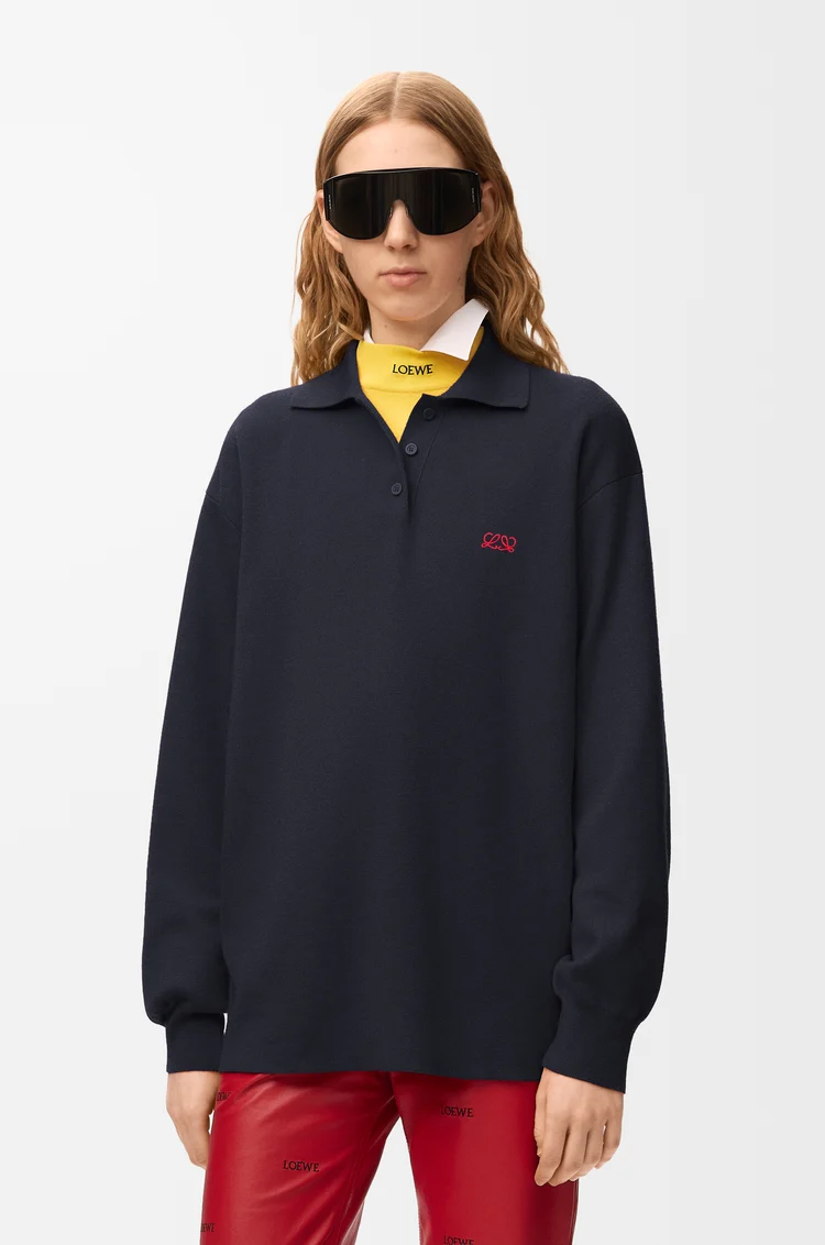 LOEWE Pull polo en cachemire et soie mélangés Bleu Marine Foncé