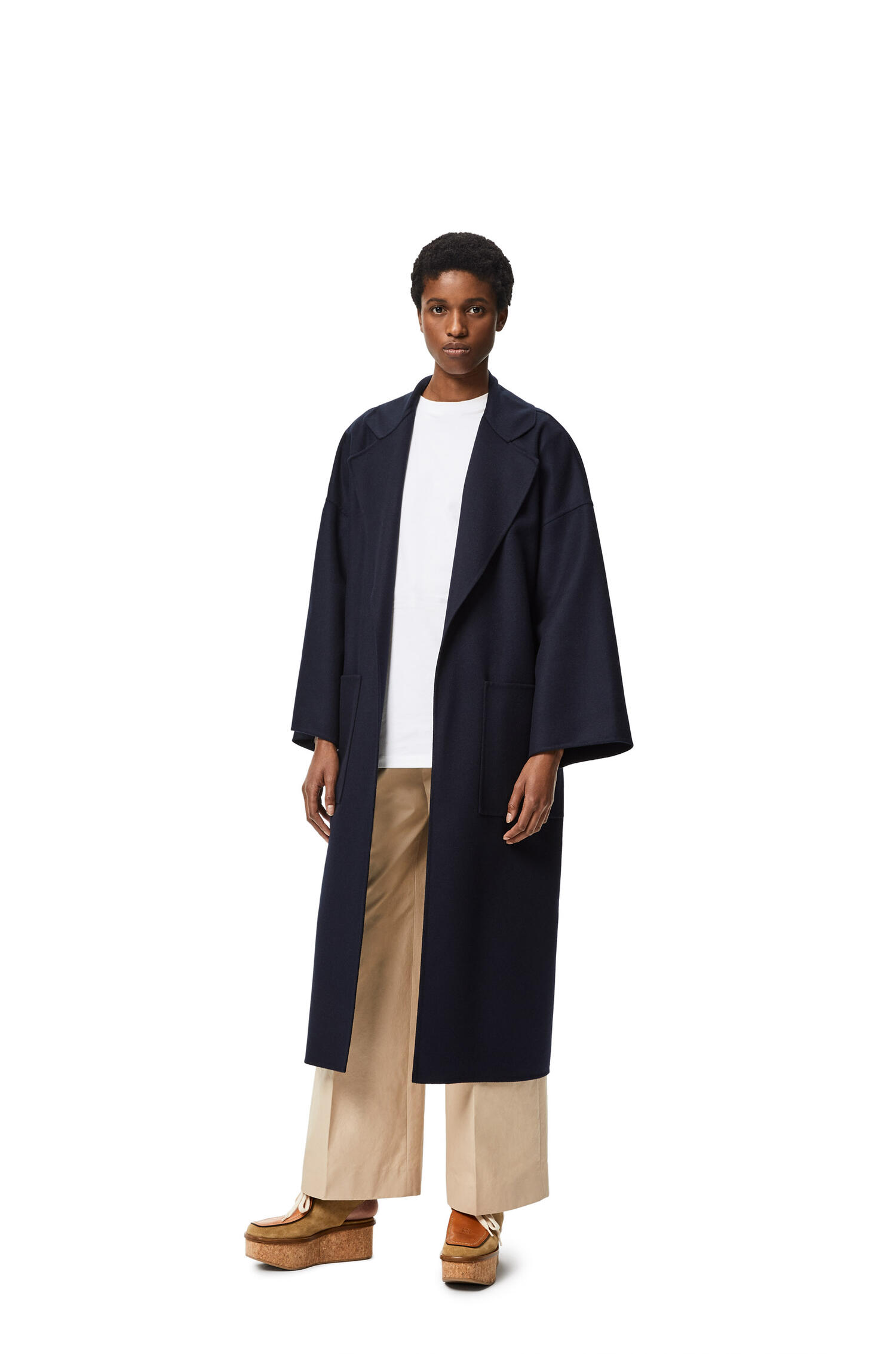 Oversize belted coat in wool and cashmere Navy Blue - LOEWE