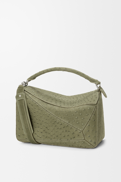 LOEWE Bolso Puzzle grande en nobuck de avestruz Verde Eucalipto