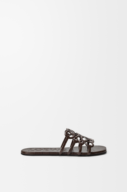LOEWE Petal Anagram slide in croc-embossed calfskin Dark Brown