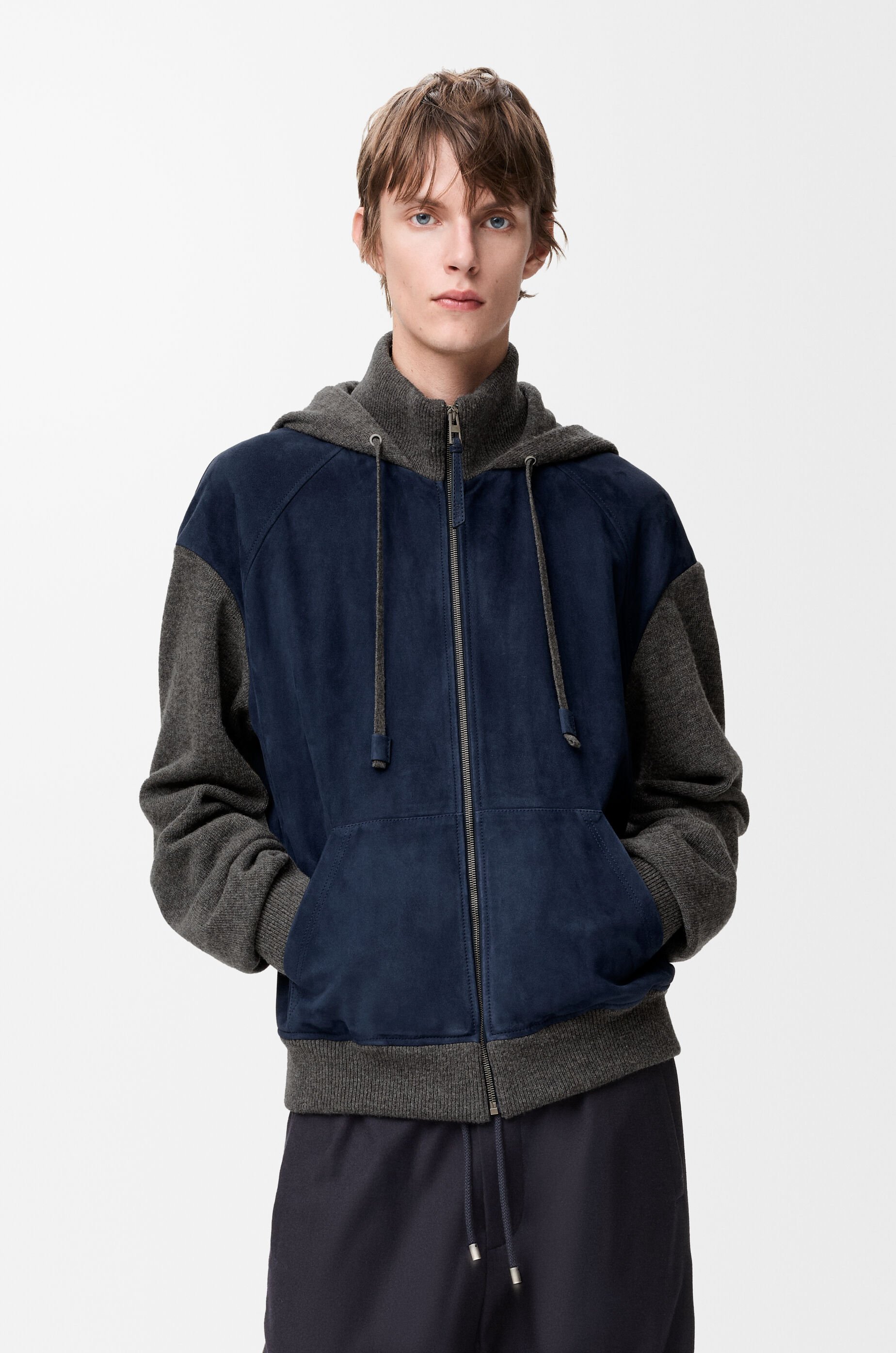 Hybrid zip-up hoodie in suede goatskin and wool blend Blue - LOEWE