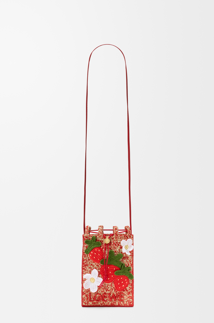 LOEWE 经典牛皮革和拉菲草草莓抽绳小袋 Multicolor Red