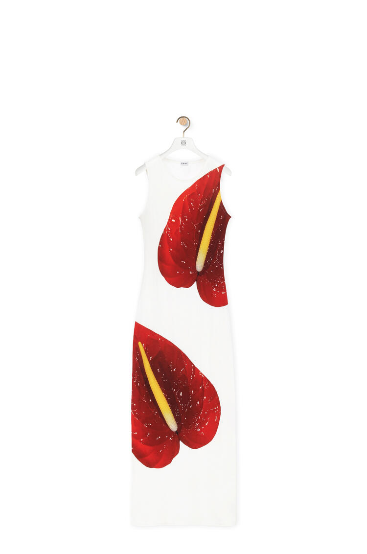 LOEWE Vestido sin mangas Anthurium en punto de algodón acanalado Blanco/Rojo