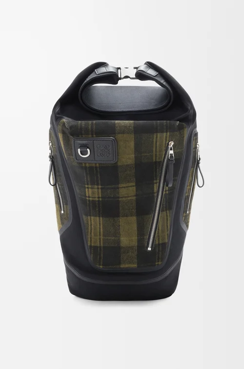 LOEWE Flex roll-top backpack in canvas and brushed suede Khaki/Black