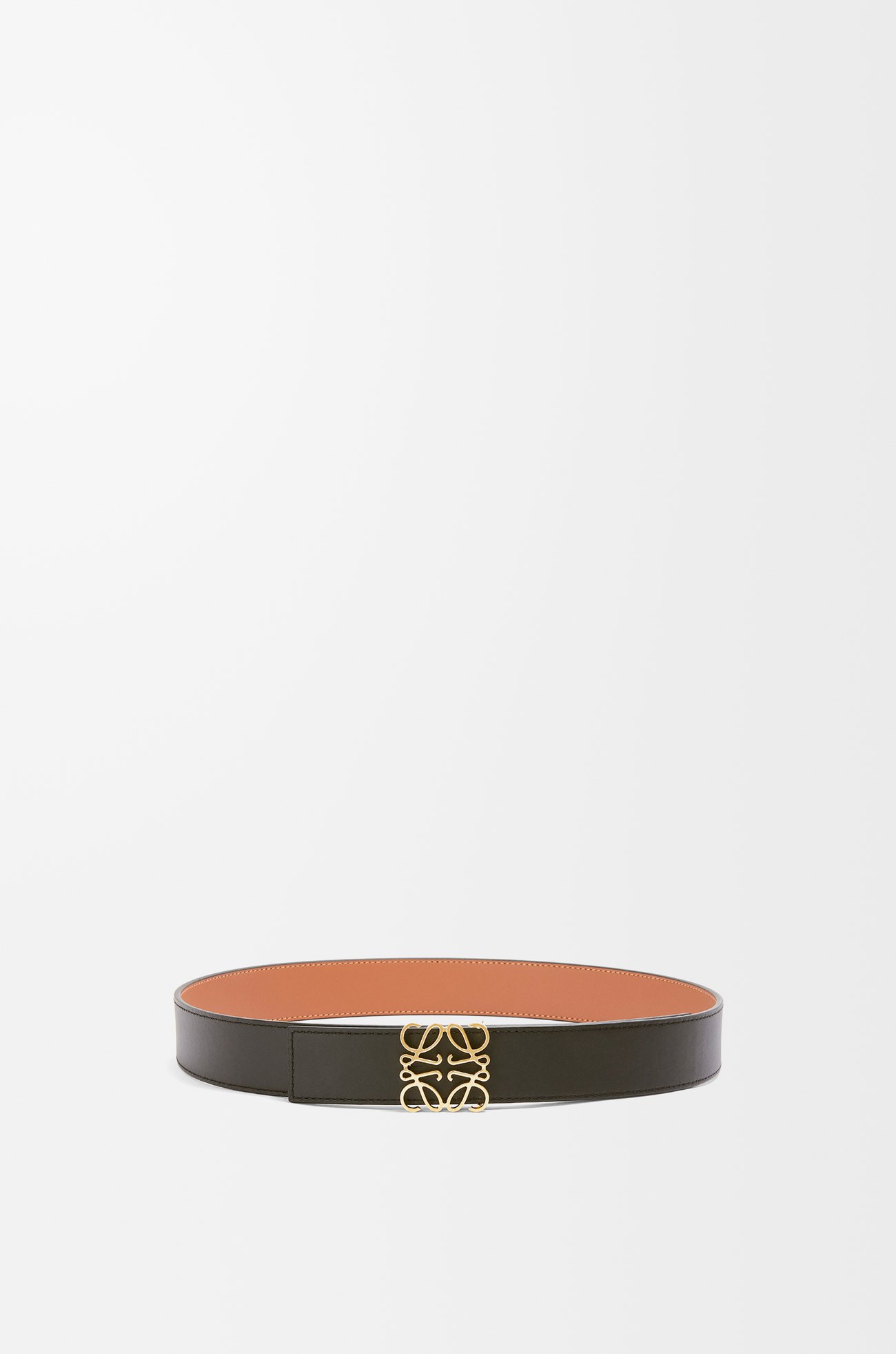 LOEWE 光滑牛皮革双面 Anagram 腰带 棕褐色/黑色/金色