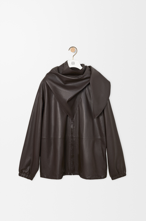 LOEWE Chaqueta con bufanda en piel napa de ternera Marrón Oscuro