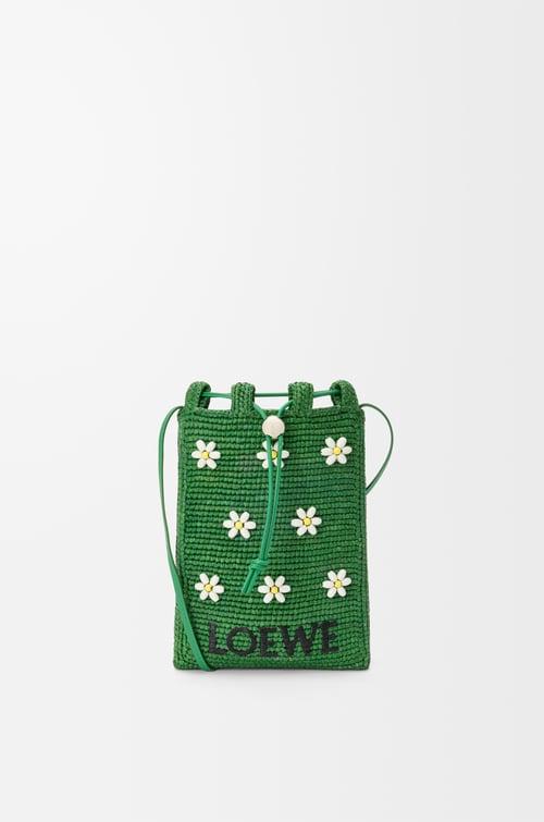 LOEWE Drawstring pocket in raffia Tropical Green/White