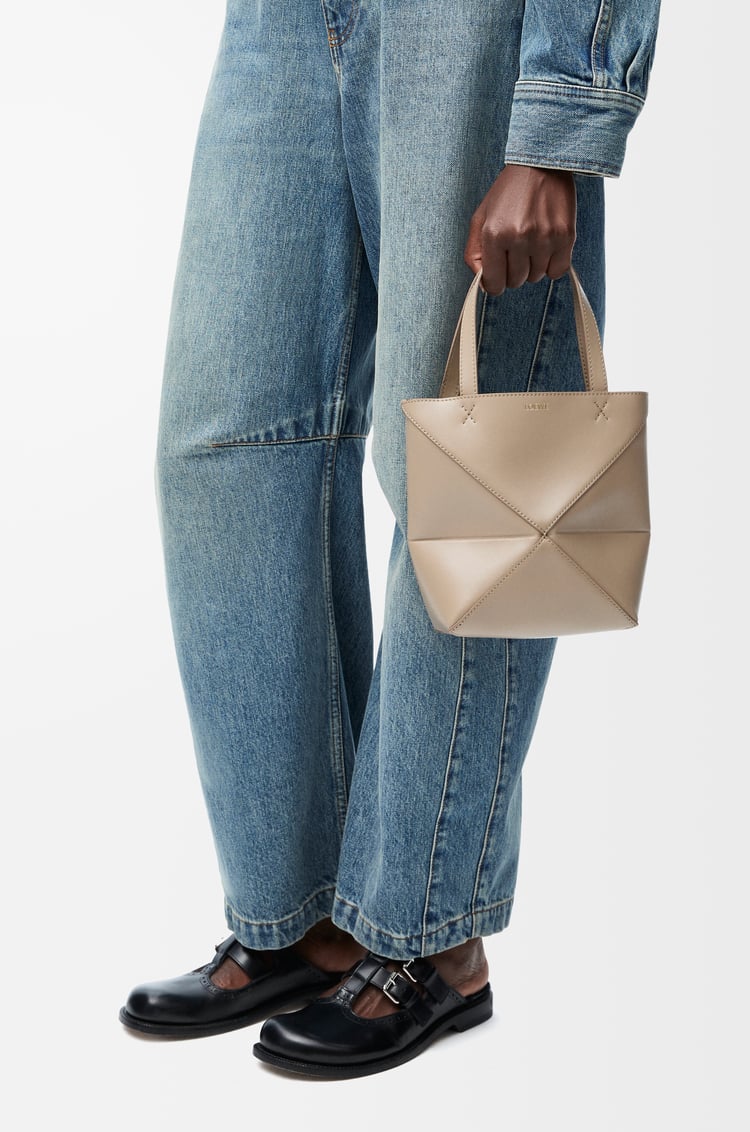LOEWE Mini Puzzle Fold tote in shiny calfskin Sand