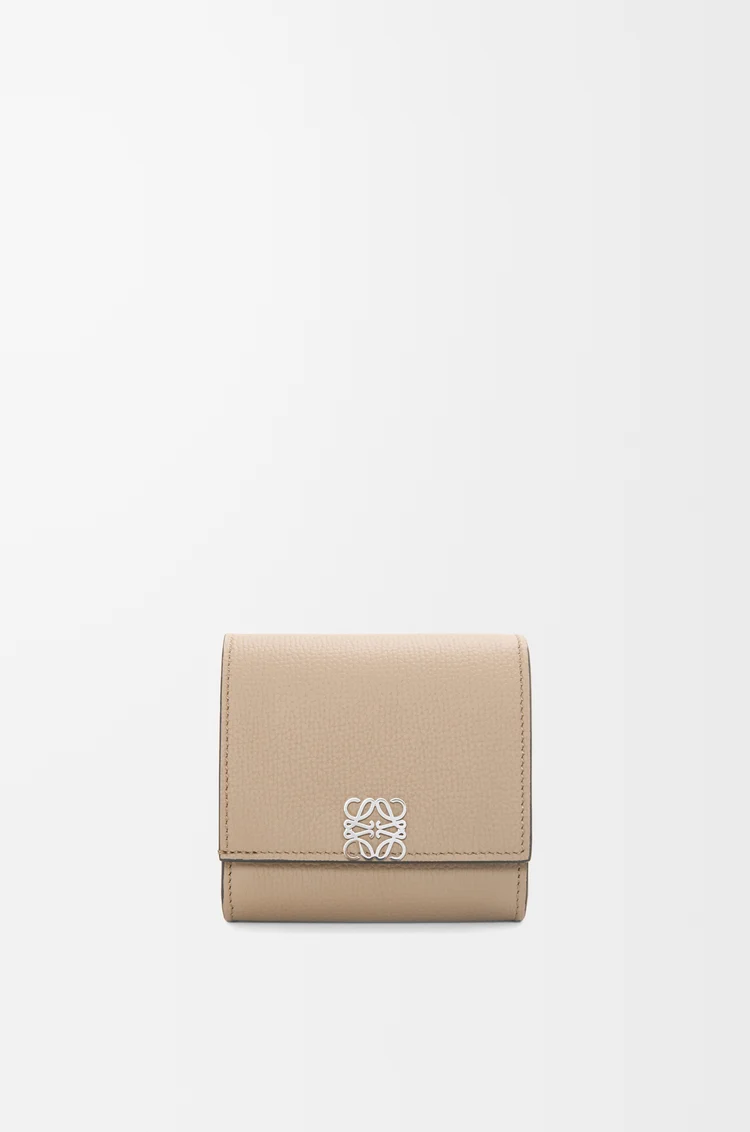 LOEWE Anagram compact flap wallet in pebble grained calfskin Sand