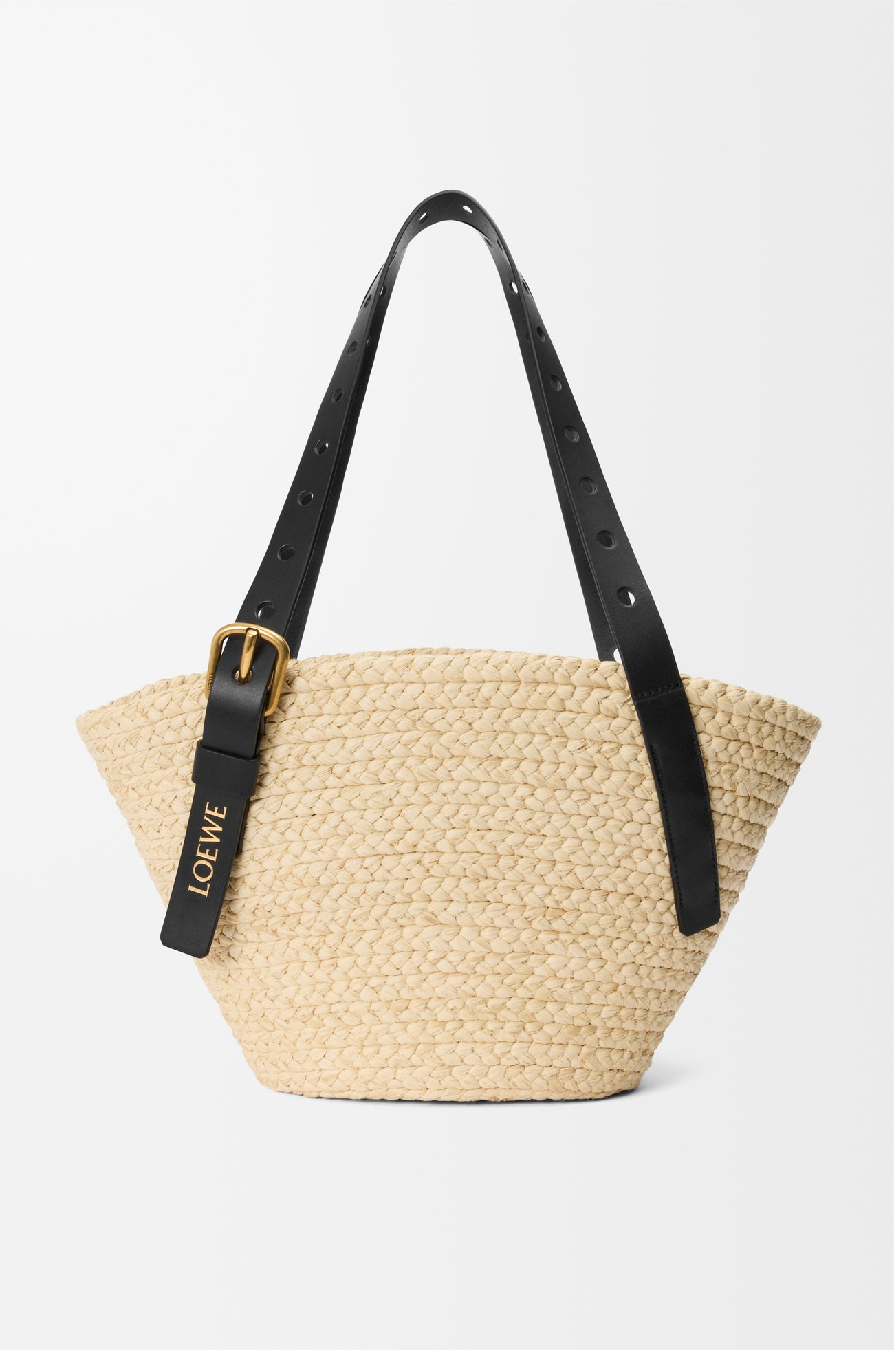 LOEWE Small Punch Hole basket in raffia and calfskin Natural