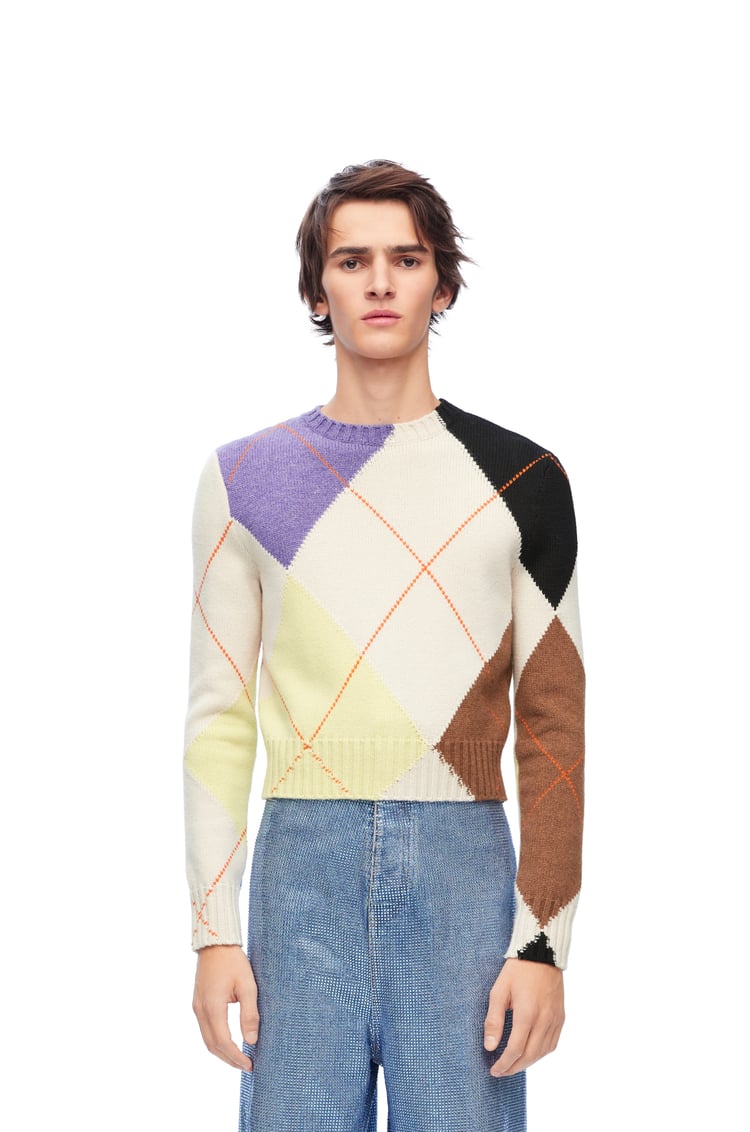 LOEWE Cropped argyle sweater in cashmere Soft White/Multicolour