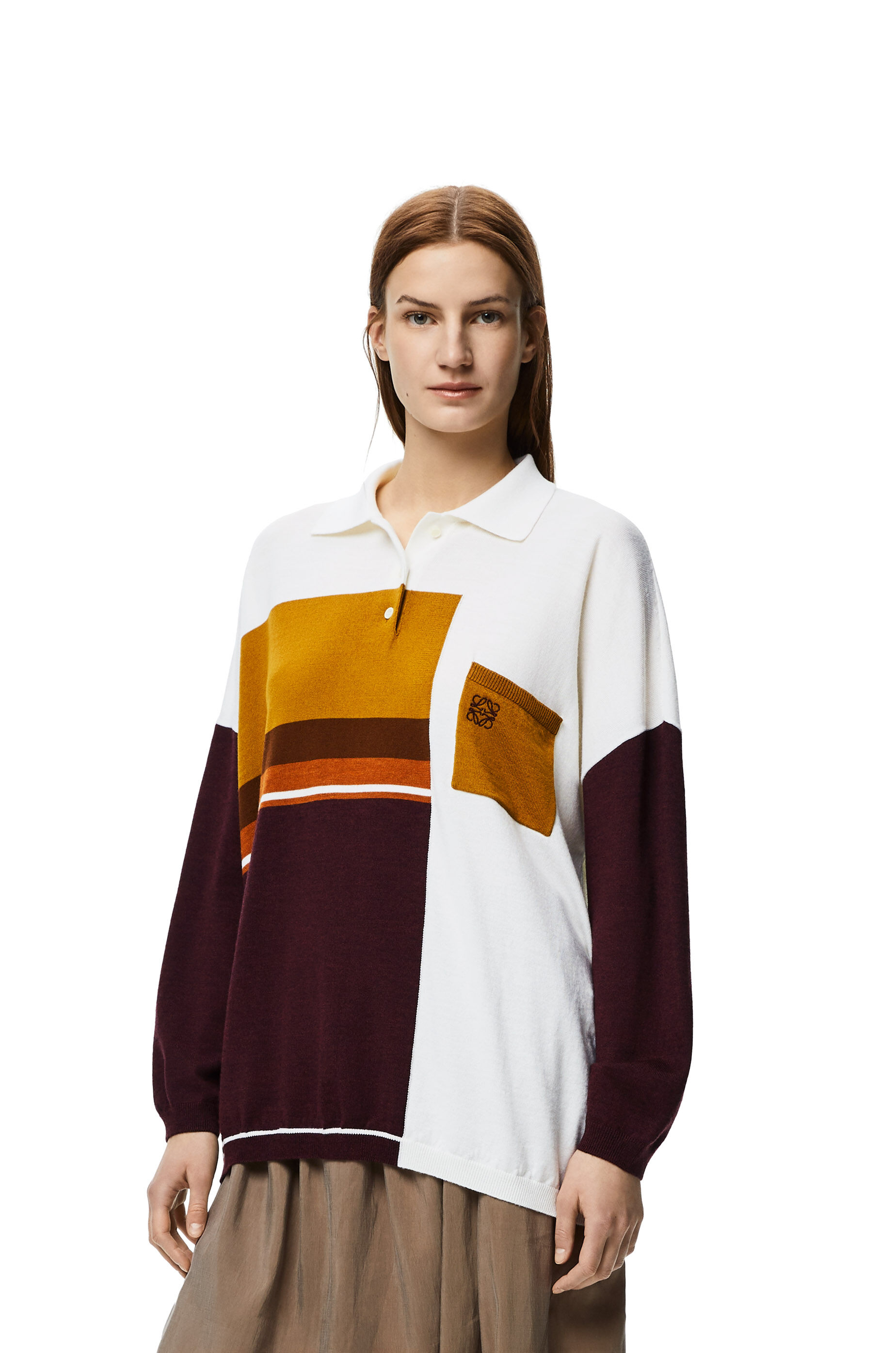 Oversize polo collar sweater in wool Brown/Ecru/Yellow LOEWE