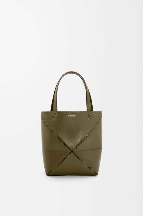 LOEWE Mini Puzzle Fold tote in shiny calfskin Dark Khaki