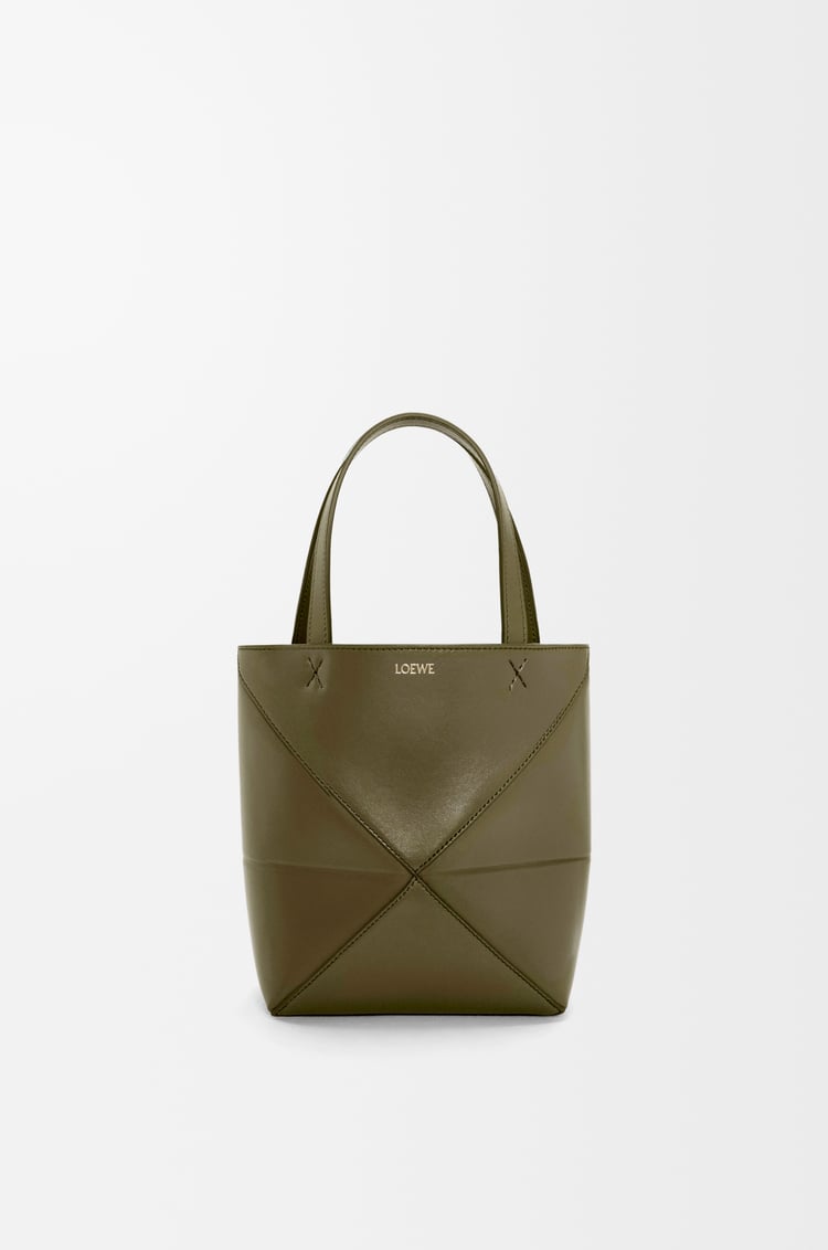 LOEWE Mini Puzzle Fold tote in shiny calfskin Dark Khaki