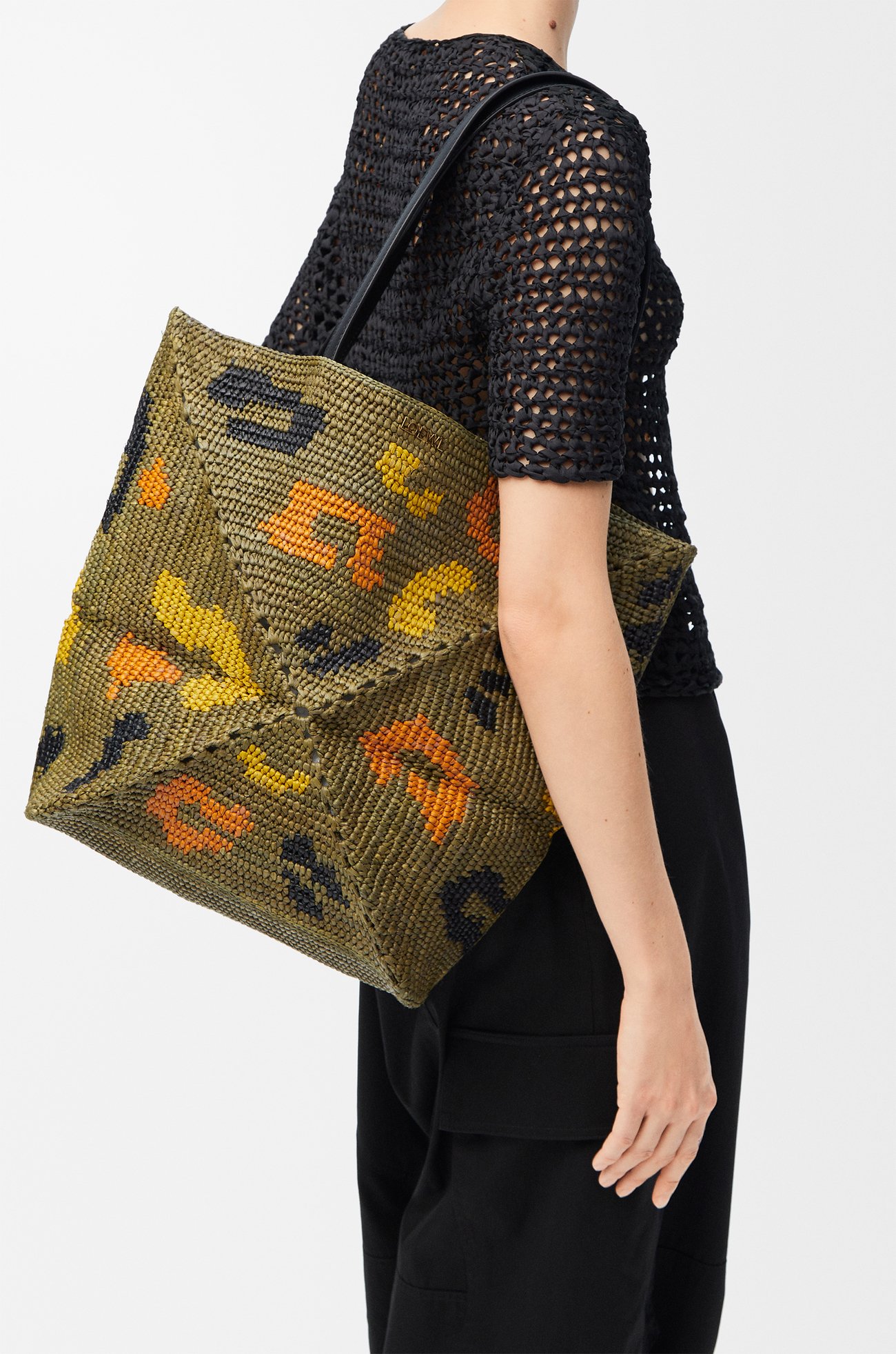 LOEWE Large Puzzle Fold tote in raffia and calfskin Olive Green