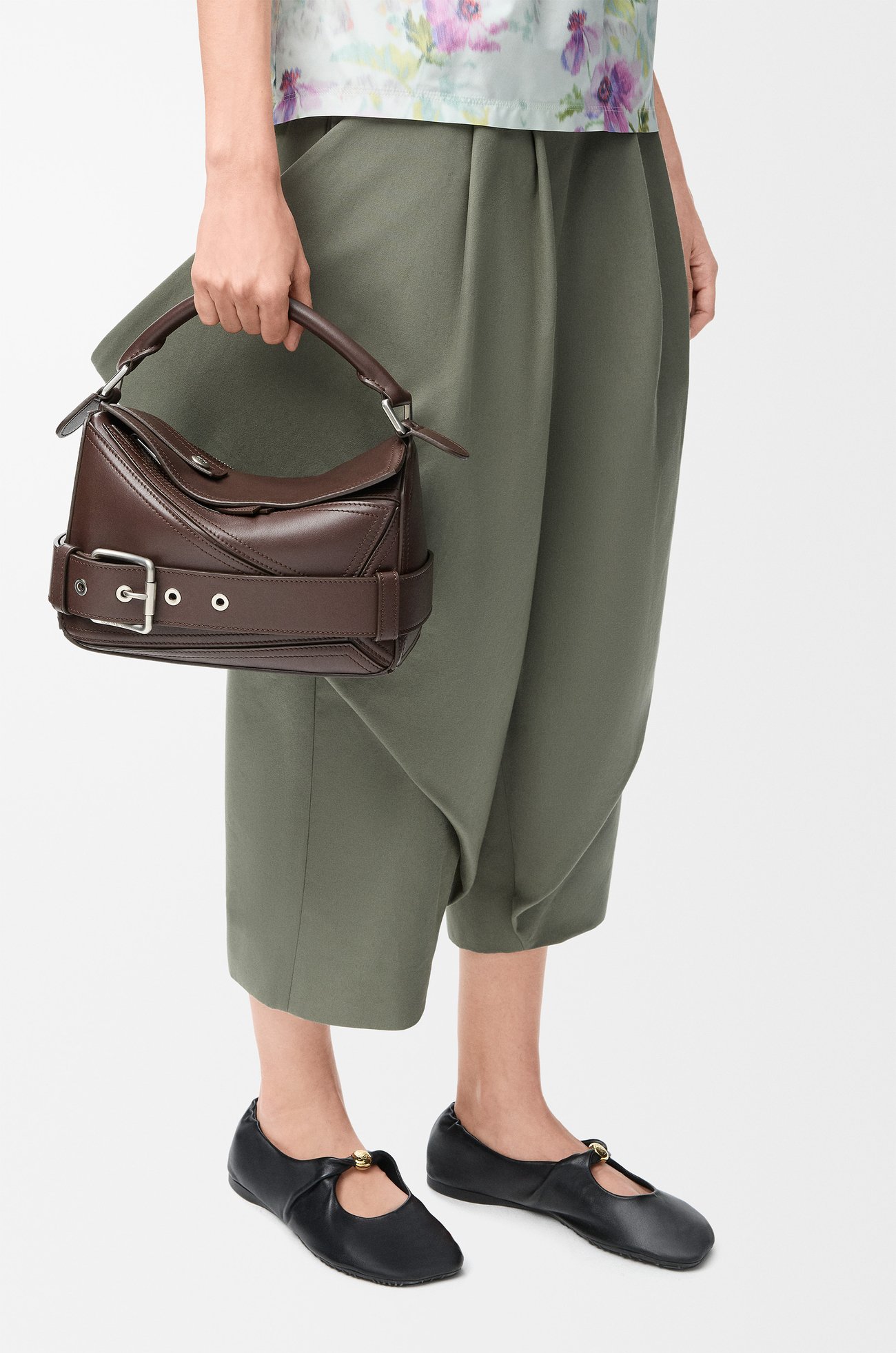 LOEWE Small Puzzle Biker bag in shiny calfskin Dark Brownie