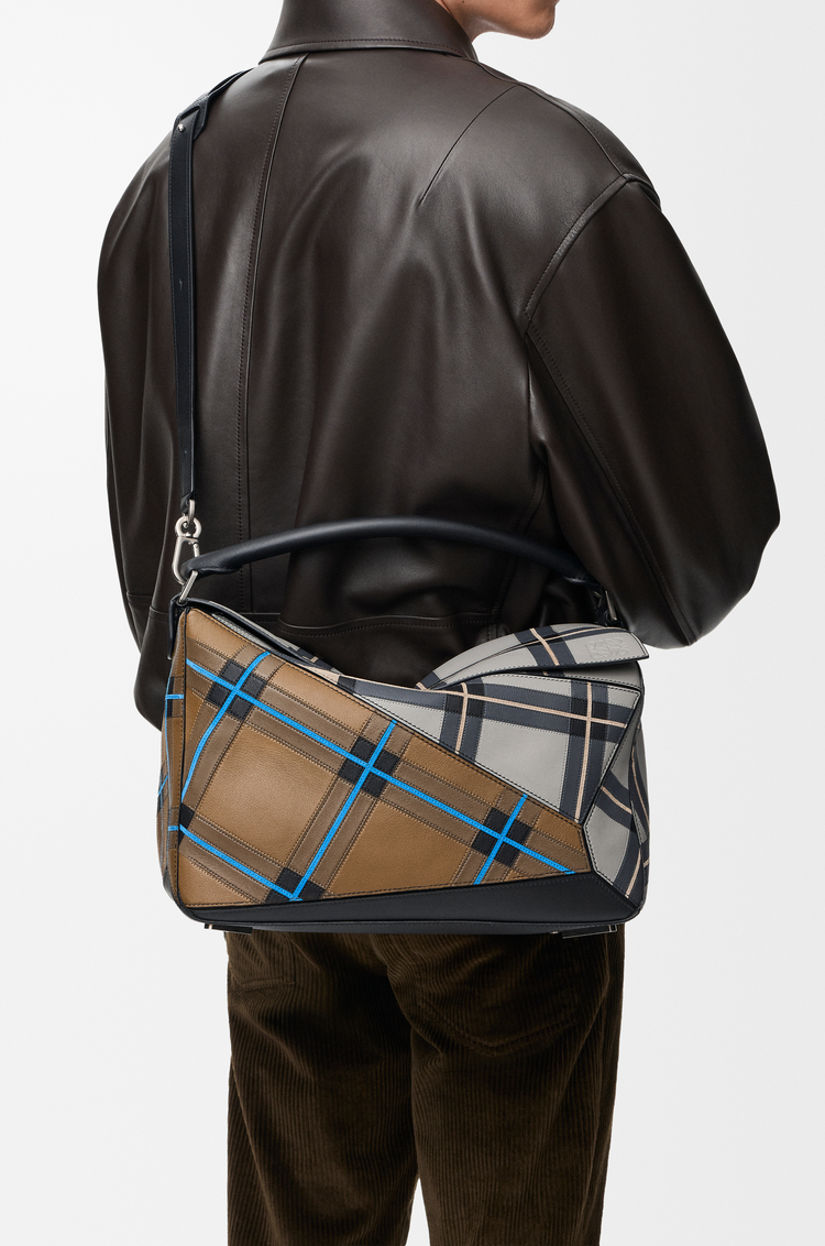 LOEWE Large Puzzle bag in check intarsio Bronze/Grey