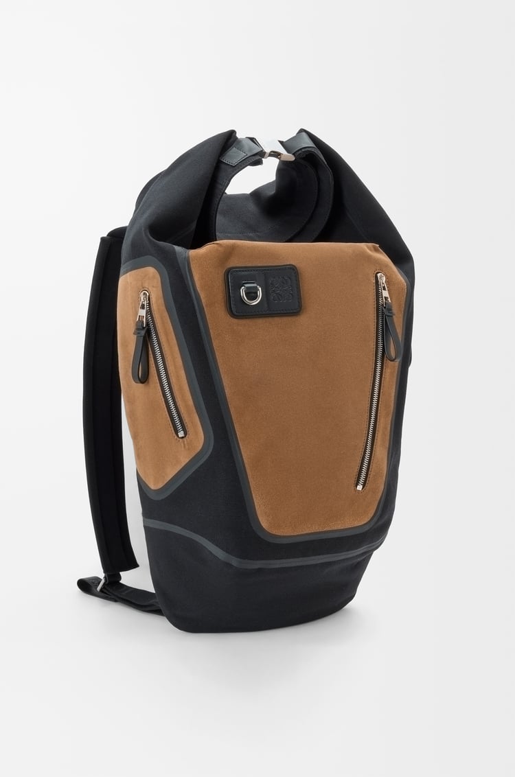 LOEWE Mochila enrollable Flex en lona y ante Negro/Dorado Oscuro