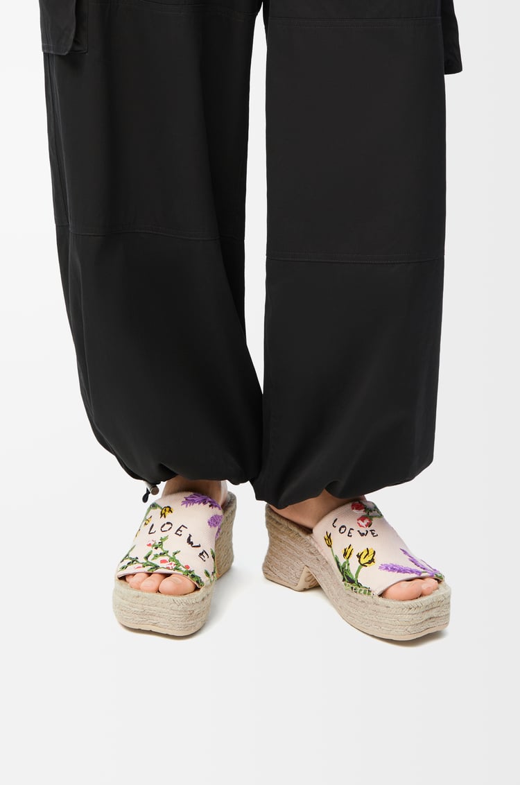 LOEWE Petal espadrille platform slide in embroidered canvas  Cream/Multicolor