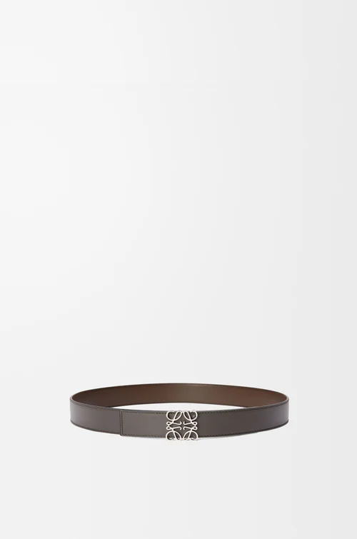 LOEWE 光滑牛皮革双面 Anagram 腰带 深灰色/深雪茄色/钯金色