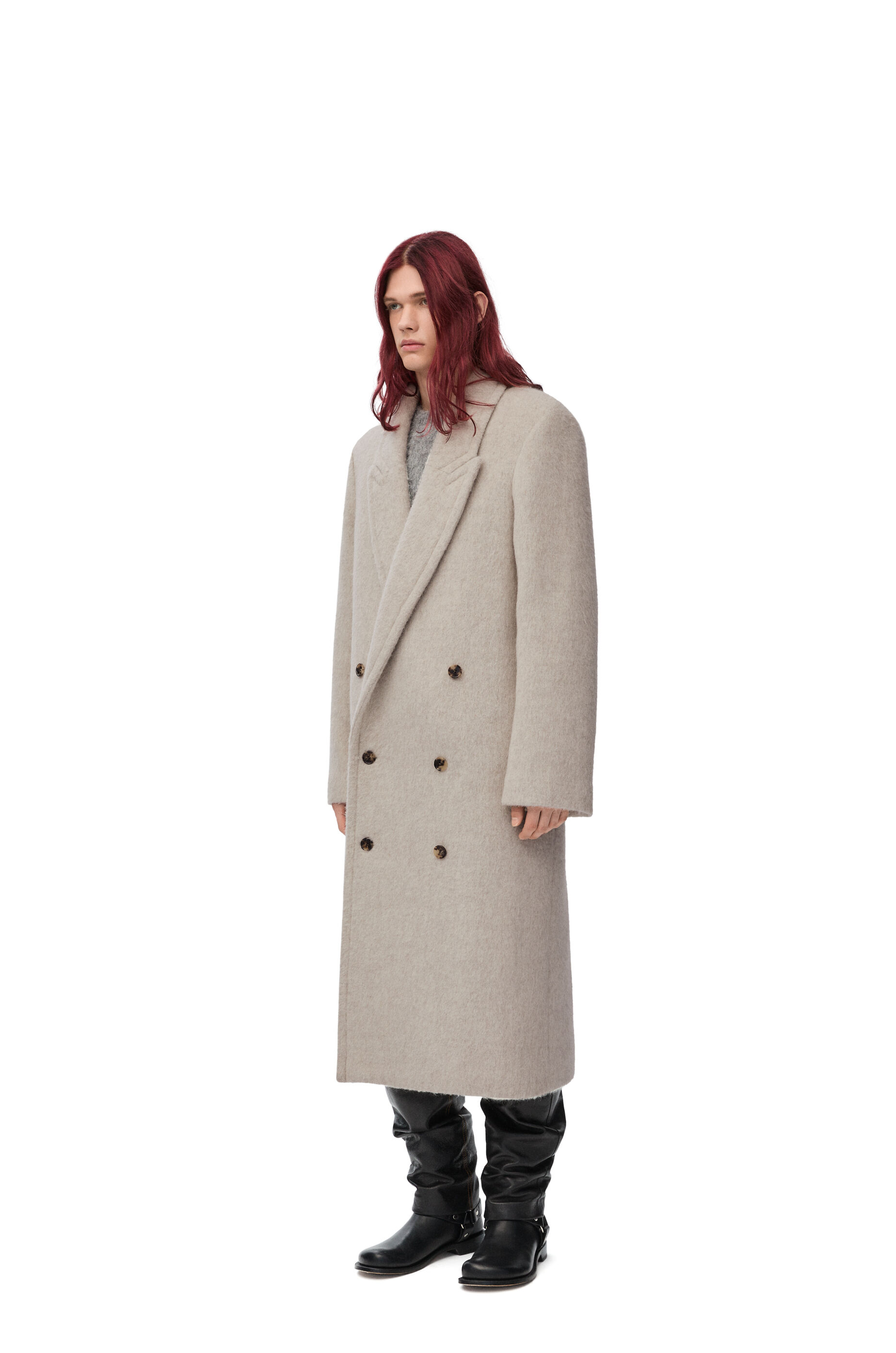 Double breasted coat in lama and wool Light Beige Taupe LOEWE