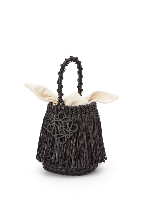 LOEWE Bolso Frayed Bucket pequeño en rafia y piel de ternera Negro