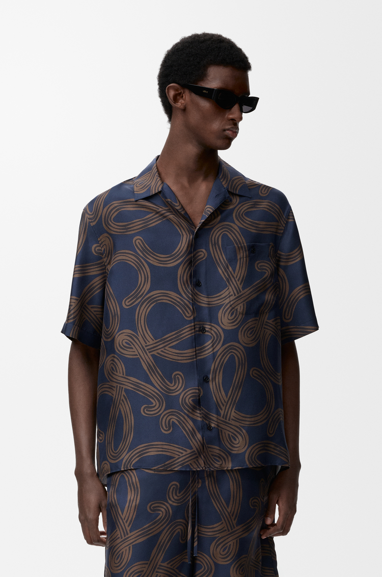 LOEWE Camisa de manga corta en seda Azul Marino/Marrón