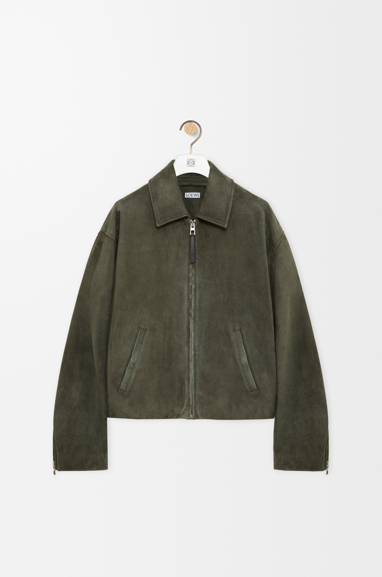 LOEWE Giacca con zip in pelle di agnello scamosciata Verde Kaki
