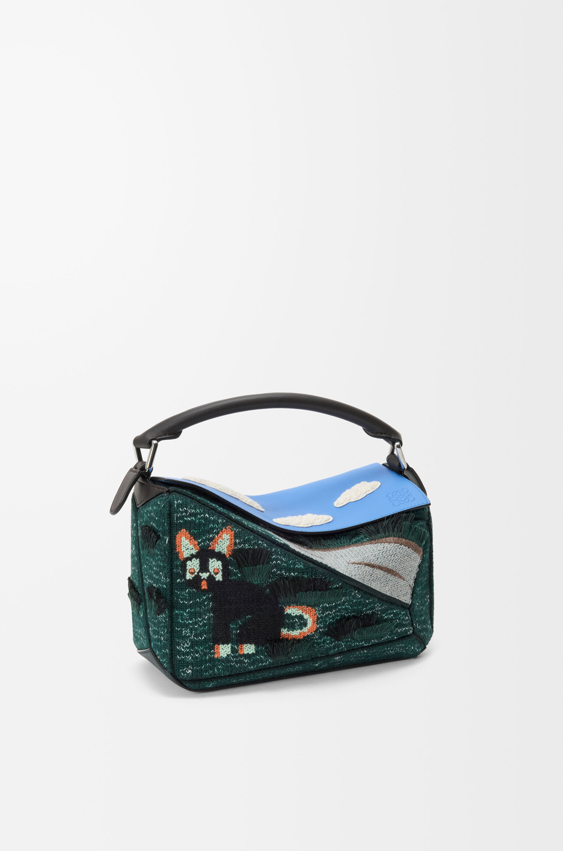 Futurist Cat small Puzzle bag in embroidered knit and classic