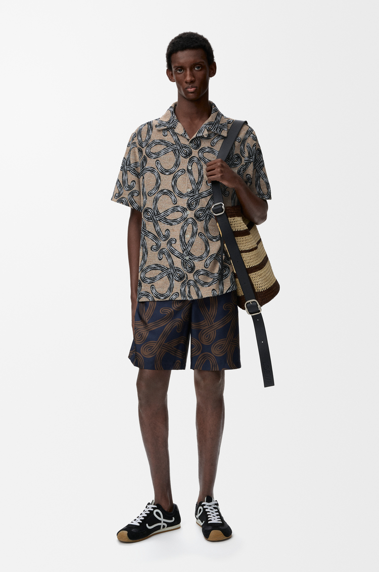 LOEWE Camisa de manga corta en jacquard de algodón Beige/Negro