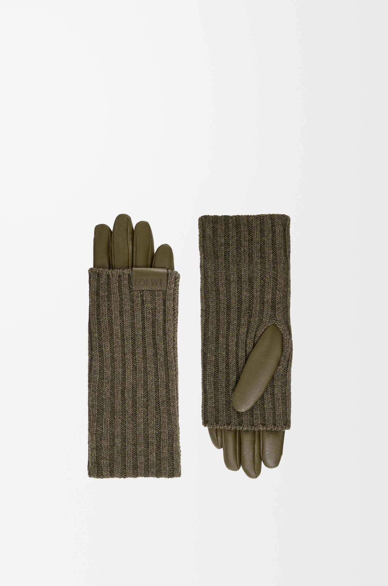 LOEWE Guantes en cashmere y piel napa de cordero Verde Caqui Oscuro