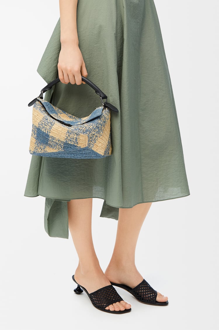 LOEWE Small Puzzle Edge bag in raffia and calfskin Natural/Light Blue